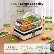 Airmsen TL1230 8-in-1 Glass Food Steamer, 1200W Electric, 8.5QT Capacity, Removable Water Tank, 12H Delay Start