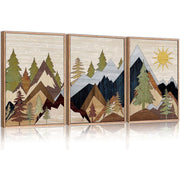 TOARTi Mountain Pine Tree Wall Art Set, Nature Wilderness Illustration, Mid Century Modern Framed Canvas, Woodcut Forest Painting, 16x24 in, Pack of 3