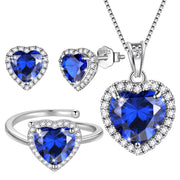 Juwaliy Sapphire Heart Jewelry Set with Blue Sapphire September Birthstone, 925 Sterling Silver Necklace, Earrings, Adjustable Ring