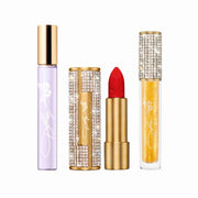 Dolly Parton Smoky Mountain Travel Spray and Cosmetics Set with Floral Woody Fragrance, Jolene Red Lipstick, Gold Dust Lip Gloss, Vegan, Paraben-Free