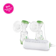 MAM 2-in-1 Double Electric Breast Pump, Dual Electric and Manual Modes, Leak-Proof Closed System, Soft Silicone Funnels, Portable Design, Includes 2 Anti-Colic Bottles, Green