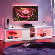 Bestier 80 Inch TV Stand, White High Gloss, RGB LED Lights, Storage Cabinet, Modern Fluted Console