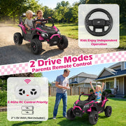 Wisairt 24V 4WD Ride On Car, 2 Seater Electric Power UTV for Kids, Remote Control, LED Lights, Music, Wireless Audio, 3 Speeds, Pink