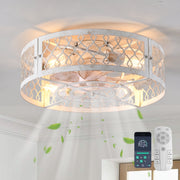 Garwarm 19.6in Caged Ceiling Fan with 4-Light Fixture, White Flush Mount Low Profile, Handwoven Rattan Blades, Remote Controlled, 6-Speed, Modern Industrial Design