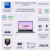 ASUS Chromebook Plus CX34 14-Inch FHD Touchscreen Laptop, Intel Core 3 100U Six-Core Processor, 8GB LPDDR5 RAM, 256GB UFS Storage, ChromeOS, Rocky Grey