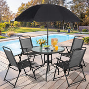 Walsunny TDS6001-BK 6 Piece Patio Furniture Set with Umbrella, Outdoor Patio Dining Set with 4 Folding Chairs and Tempered Glass Dining Table, Black
