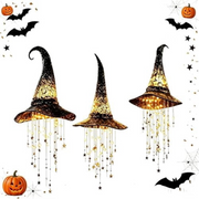 ARVOV Lighted Witch Hat Hanging Chime with Warm White LED, Black and Gold Star Accents, Battery Operated Halloween Decoration, Pack of 1