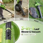 GASKY 3-in-1 Leaf Blower Vacuum Mulcher, 120V 12Amp, 495 CFM, 199 MPH, 6 Speeds, Easy-Wheel Walk-Behind, 12-Gallon Collection Bag, Green