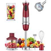 Vewior Immersion Blender Handheld 1000W 5-in-1 Multi-Function Set with 12 Speeds, BPA-Free, Stainless Steel Blades, Red, BLD0004-R