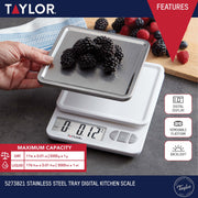 Taylor Precision Products 11lb Digital Kitchen Scale with Removable Stainless Steel Tray, White, 5273821