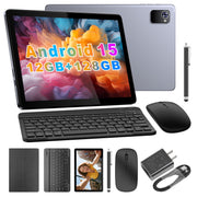 BYYBUO 10.1 Inch Android 15 Tablet Bundle with 12GB RAM, 128GB Storage, Octa-Core Processor, IPS HD Screen, Keyboard Case, Mouse, Stylus, E220