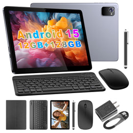 BYYBUO 10.1 Inch Android 15 Tablet Bundle with 12GB RAM, 128GB Storage, Octa-Core Processor, IPS HD Screen, Keyboard Case, Mouse, Stylus, E220