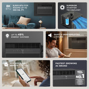 TCL Smart Inverter Window Air Conditioner, 8,000 BTU, Energy Efficient, Black, 350 Sq Ft Coverage, Remote Control, W8WC72-B