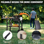 PARGRILL Two-Shelf Folding Grill Cart Table, Heavy-Duty Carbon Steel, Rust-Resistant, Pull-Out Side Table, Large Wheels, Compatible with 17