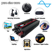 WheelX KYE2759 Pure Sine Wave Power Inverter, 3000W Continuous, 6000W Surge, 12V DC to 110V AC, LED Voltage Display, Dual USB Ports, Aluminum Alloy Housing