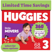 Huggies Little Movers 360 Pull On Diapers with Dual Leak Protection, Hypoallergenic, Size 3 (16-28 lbs), 68 Count, Multicolor, 59193