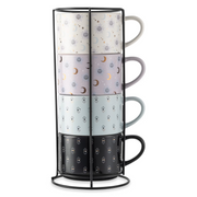Thyme & Table 11.1 fl oz Assorted Celestial Stoneware Stacking Mugs with Wire Rack, Set of 4