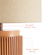 Beautiful by Drew Barrymore Black Faux Ribbed Wood Table Lamp, 14 in, Brushed Nickel Neck, Tan Linen Shade, Corded Electric