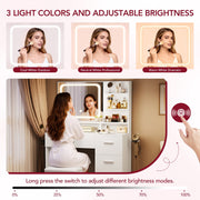 LIVELYGLOW Makeup Vanity Set with Smart LED Mirror, Adjustable Three-Color Lighting, Built-in Power Outlets, Large Storage Drawer, Stool, White
