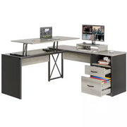 BESTIER H100914E-RGOL 55.7 in. Retro Grey Oak Light 2 Drawer L-Shaped Computer Desk with Lift-Top