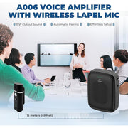 WinBridge A006 Voice Amplifier with Wireless Lapel Microphone, 15W Portable Bluetooth PA System, Clip-on Lavalier Mic for Teachers, Classroom, Yoga, Tour Guide, A006