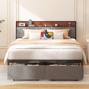 NisienQueenBedFramewithUpholsteredHeadboard,2StorageDrawers,ChargingStation,Gray