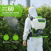Greenworks BPS60B00 60V Battery Powered Backpack Sprayer, 70 PSI, 0.5 GPM Flow, 20 ft Spray Reach, Five Nozzles, Chemical Resistant, Tool Only