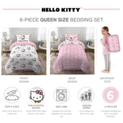 Sanrio Hello Kitty Kids 6 Piece Reversible Comforter Bed in a Bag, Pink, Queen, Polyester Microfiber, 7C363C