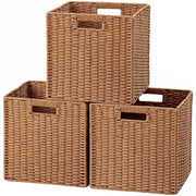 HBlife Wicker Baskets Set of 3 Foldable Hand-Woven Paper Rope Storage Baskets with Handles, Caramel, Large Square Bins 11x10.5x11 in, WCB-LI9084-CA-3P