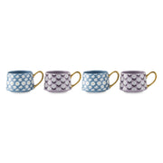 Thyme & Table 4 Pack Blue and Purple Daisy Print Teacup Mugs with Gold Handles 11.8 fl oz, Stoneware - Microwave Safe