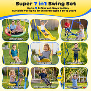 Gardwin 7in1 Metal Outdoor Swing Set with Saucer Swing, Double Wall Slide, Glider, Belt Swing, Trapeze Bar, Standing Swing, Teeter Totters, Yellow and Blue, for 10 Kids Ages 3-12 GW-SW701-BY