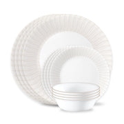 Corelle Hushed Lines 12-Piece Dinnerware Set, Durable Triple-Layer Vitrelle Glass, Oat Beige, Service for 4, 3606AB