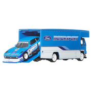 Hot Wheels Team Transport Toy Vehicle Set, Ford Capri GR5 Race Car with Fleet Flyer Transporter Truck, Blue, Real Riders Rubber Tires, Metal Construction, 1:64 Scale, JHX89
