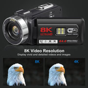 Keculbo Video Camera, 8K UHD, 64MP Photos, 18x Digital Zoom, WiFi, IR Night Vision, 3-Inch Flip Touchscreen, Black, VD-106