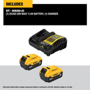 DeWalt 20V MAX XR Battery and Charger Kit, 2-Pack 5.0Ah Lithium-Ion Batteries, Fast 4-Amp Charger, 3-LED Fuel Gauge