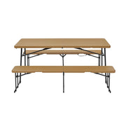 Living & More MSF5362500861DB 3-Piece Picnic Table Set, 6 Foot Polyethylene Folding Table with 2 Folding Benches, Weather Resistant, Dark Brown Wood Finish with Black Metal Legs