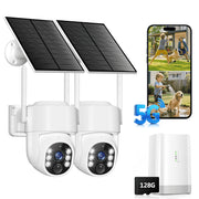 GBIUT Wireless Outdoor Security Cameras, 4MP 360 PTZ, Solar Powered, Dual-Band WiFi, Color Night Vision, 128GB Local Storage, 2 Cam-Kit