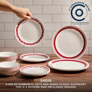 Corelle Sadie 18-Piece Dinnerware Set for 6, Eco-Friendly Triple-Layer Vitrelle Glass, Microwave and Dishwasher Safe, Deep Raspberry, 1150869