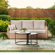 Better Homes & Gardens River Oaks Outdoor Sofa Set with 2 Nesting Tables, Beige Wicker, Galvanized Steel Frame, Marble Tile Tops, Patio Cover