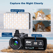 Saneen 8K Video Camera Camcorder, 48MP UHD, 3-Inch Rotatable Touchscreen, IR Night Vision with LED Fill Light, 18X Digital Zoom, External Microphone with Noise Reduction, Handheld Stabilizer, 32GB SD Card