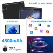 ZZB Android Tablet 8 in. 32GB Storage 2GB RAM Android 12.0 Tablet, Black - High Performance