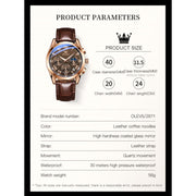 OLEVS Chronograph Men's Sport Watch, Luxury Classic Business Design, Brown Leather Strap, Waterproof, Luminous Analog Quartz, 40mm, 2871