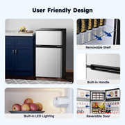 Simzlife 3.2 Cu Ft Two Door Mini Refrigerator with Freezer, Adjustable Removable Glass Shelves, Silver Matte Finish, RF-H