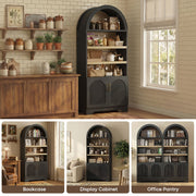 Bestier Pantry Storage Cabinet, 71 Inch Tall, 4-Tier Arched Bookshelves, 3 Adjustable Shelves, 2 Soft-Close Doors, Black