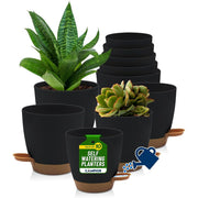 Campior Self Watering Plant Pots, Pack of 10, Indoor Outdoor Planters with Wick Rope and Drainage Holes, Lightweight Matte Black Plastic, Round Classic Style