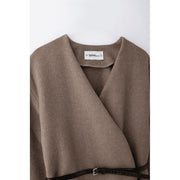 ScarletteEmmy Womens Wool Blend Belted Wrap Coat, Soft Polyester Knit, Open Front, Long Sleeve, Black Brown Khaki