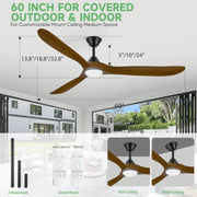 Shede Farmhouse Ceiling Fan, 60 Inch, 3 Solid Wood Blades, 6-Speed Reversible DC Motor, Dimmable 3CCT LED Light, Remote Control, Damp-Rated Indoor Outdoor, Brown