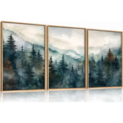 TOARTi Watercolor Misty Forest Framed Canvas Wall Art Set, Nature Landscape, Foggy Mountain Pine Trees, Three-Piece, 16x24x3 in