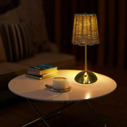 Sterling & Noble Cordless Indoor Table Lamp, Natural Rattan Woven Shade, Brushed Brass Base - Portable
