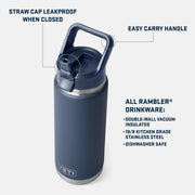 YETI Rambler 26 oz Insulated Beverage Bottle, Stainless Steel, Double-Wall Vacuum Insulation, Leak-Resistant Straw Cap, Moon Dust